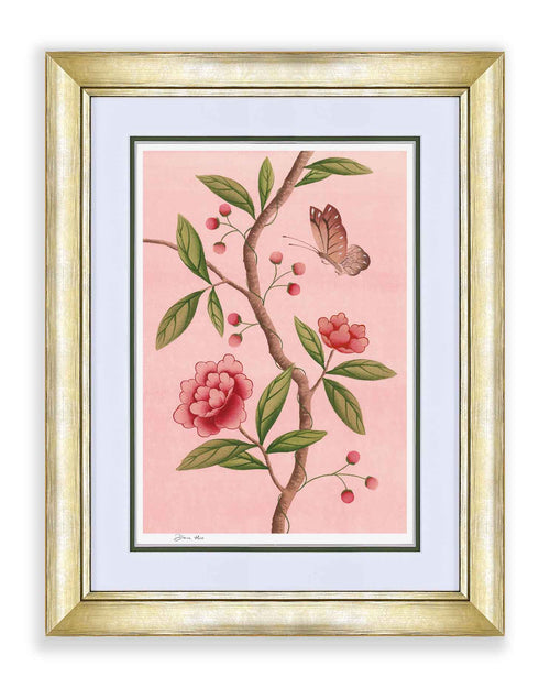 framed chinoiserie wall art print featuring pink vintage-style butterfly and flower branch on pink background