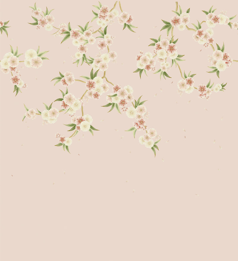 Pink cherry blossom flower wallpaper mural with light pink and white flowers cascading downwards from the top of the wall