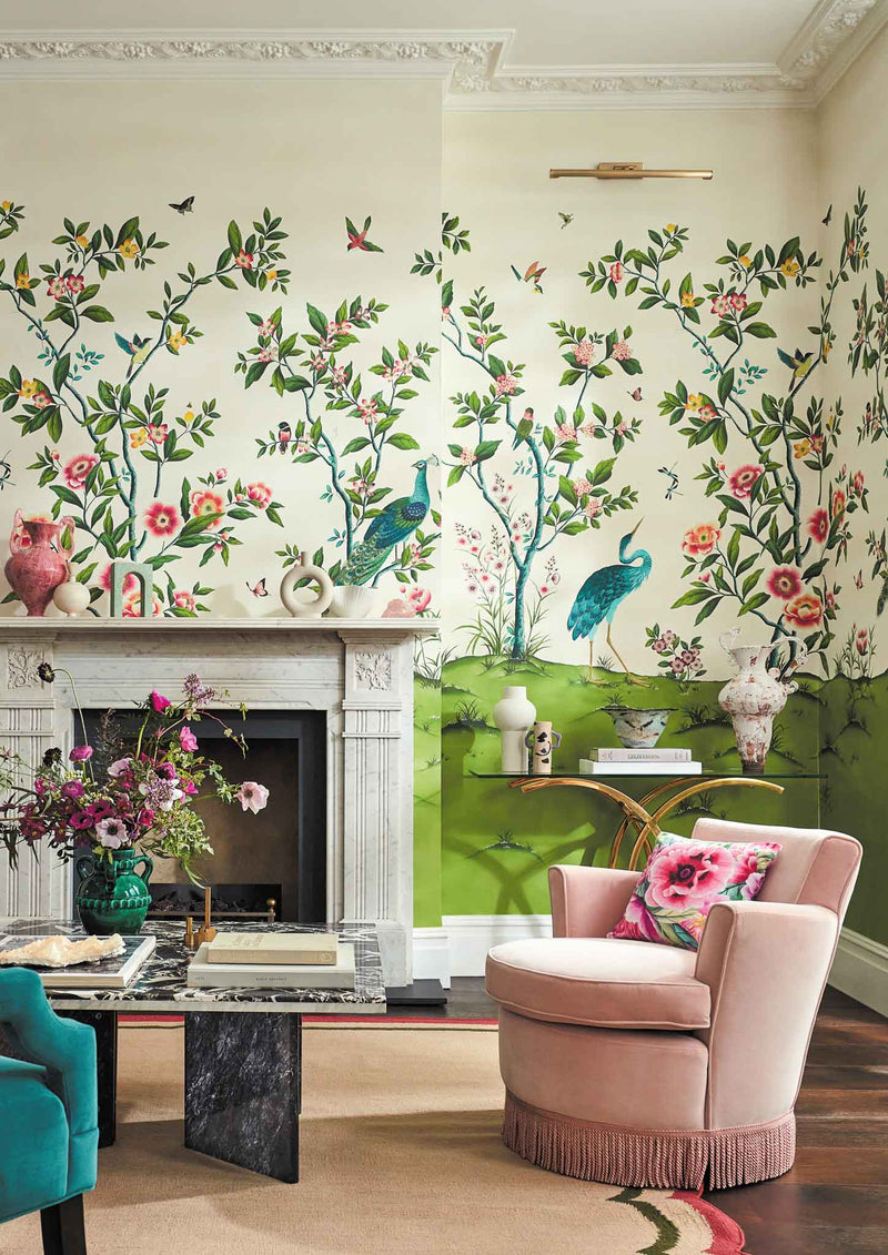 Florence colourful botanical wallpaper, floral and birds feature, interior decor, in Fig Blossom/Apple/Peony colour