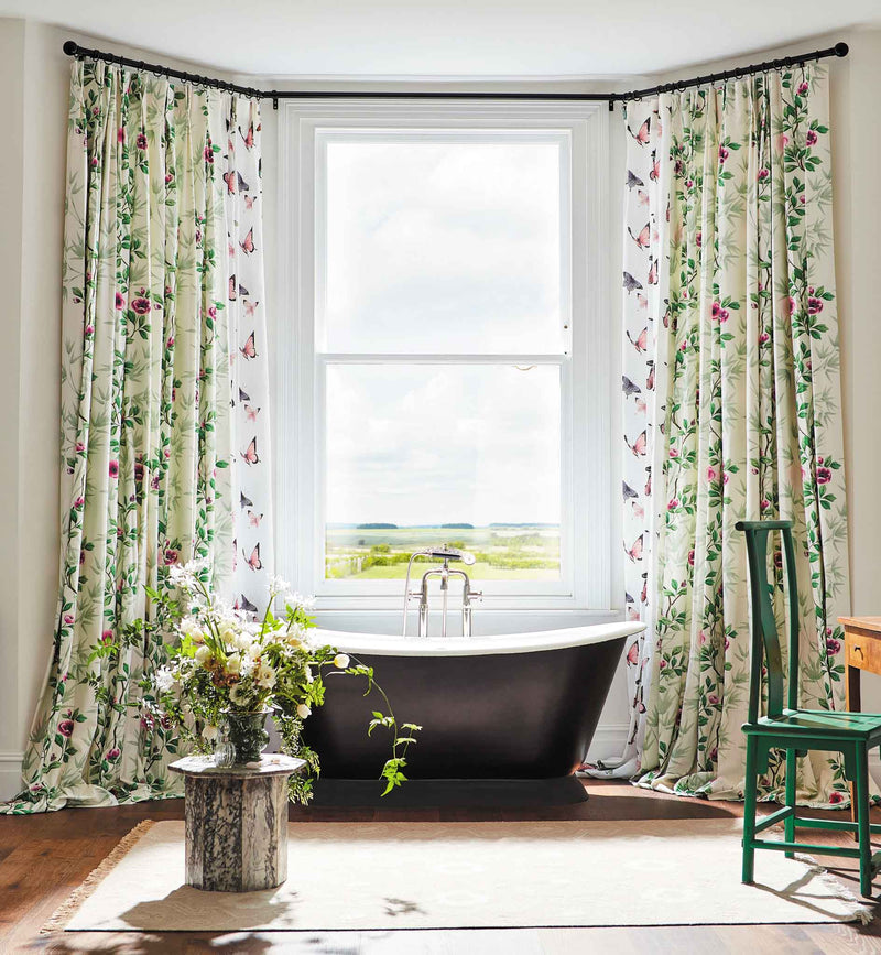 Lady Alford Fabric, Fig Blossom/Magenta colourway, bathroom curtains, Floral, drapes