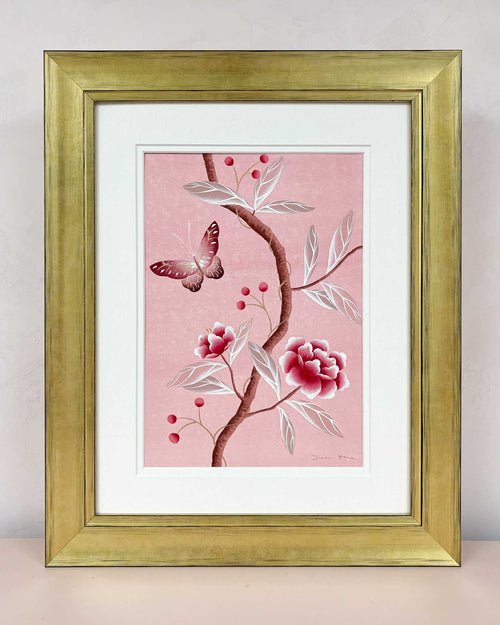 luxury pink floral nature blossom flower butterfly chinoiserie painting watercolour painting gouache painting watercolor gouache Chinese painting style botanical painting original artwork collectable art