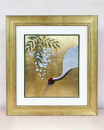 framed botanical chinoiserie painting on gold leaf paper featuring Japanese style crane under white wisteria