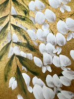 close up of botanical chinoiserie painting on gold leaf paper featuring Japanese style crane under white wisteria