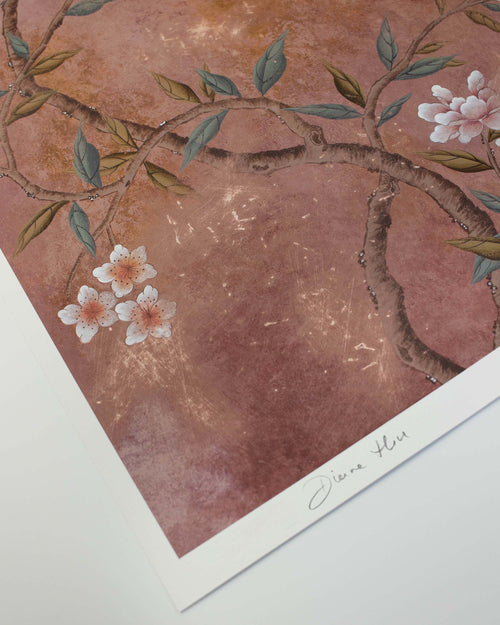 close up of chinoiserie wall art print featuring vintage inspired bird branches and flowers on a distressed mottled background