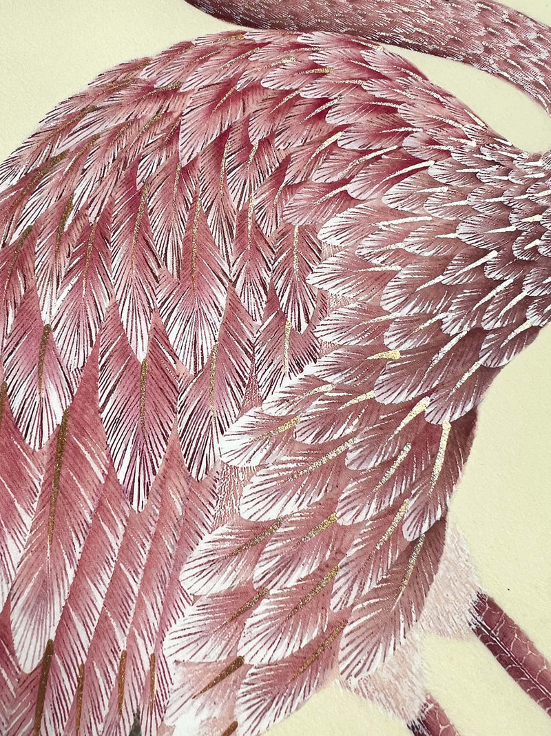 close up of wall art print featuring gold sparkle embellished botanical pink flamingo
