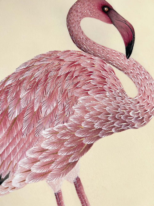 close up of wall art print featuring gold sparkle embellished botanical pink flamingo 