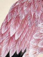 close up of wall art print featuring gold sparkle embellished botanical pink flamingo