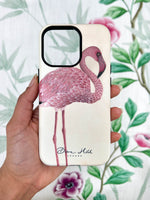 hand holding Luxury phone case featuring vintage style botanical pink flamingo 
