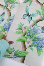 hand holding Chinoiserie style art prints featuring butterflies and blue flowers on an ivory cream background