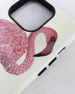 close up of Luxury phone case featuring vintage style botanical pink flamingo 