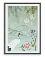 framed Japanese style chinoiserie painting featuring crane, flowers, and hanging wisteria on blue mountain background