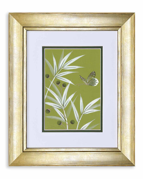 framed green and white chinoiserie wall art print featuring bamboo a butterfly