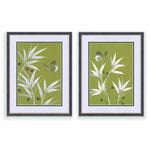 set of two framed green and white chinoiserie wall art prints featuring bamboo a butterfly