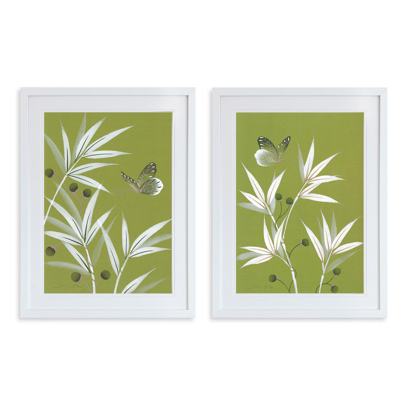 set of two framed green and white chinoiserie wall art prints featuring bamboo a butterfly