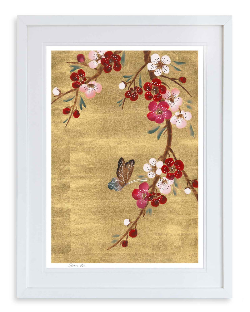 framed chinoiserie wall art print featuring Japanese-style cherry blossom branch and butterfly on gold leaf background