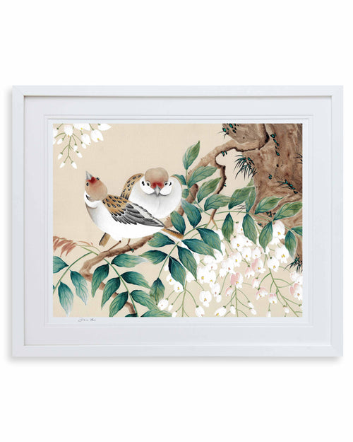 framed chinoiserie wall art print featuring two birds on a branch with foliage and wisteria on a cream background