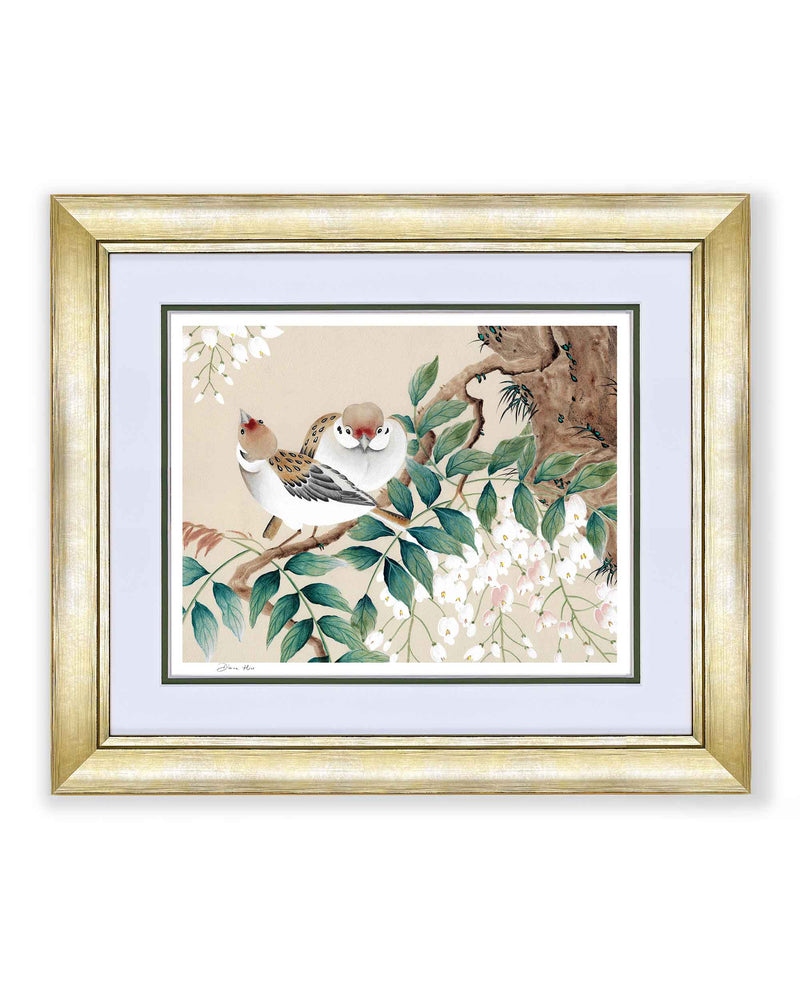 framed chinoiserie wall art print featuring two birds on a branch with foliage and wisteria on a cream background