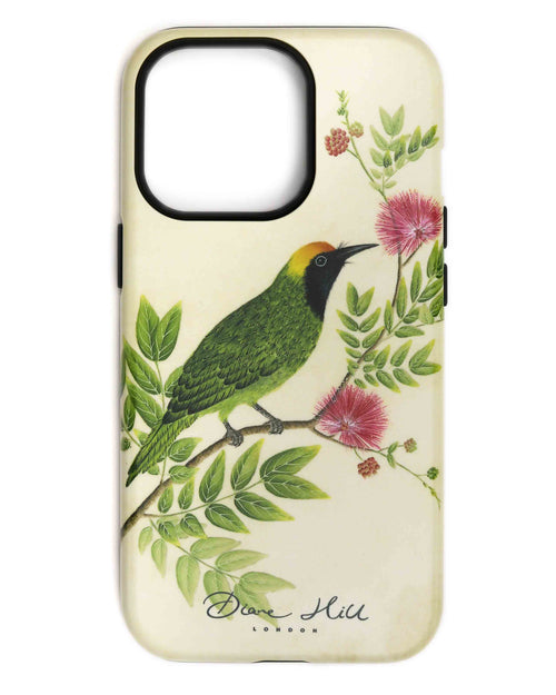 Luxury phone case featuring vintage style botanical bird on tree branch with flowers