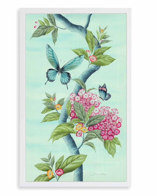 framed Chinoiserie style art print featuring butterflies and pink flowers on an aqua blue background