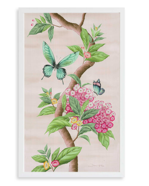 framed Chinoiserie style art print featuring butterflies and pink flowers on a pastel pink background