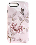 pink luxury phone case featuring vintage style butterfly and flower branches with a bamboo background