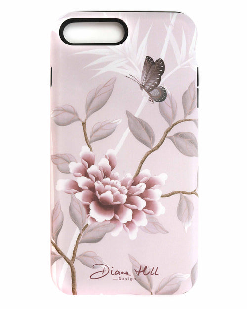 pink luxury phone case featuring vintage style butterfly and flower branches with a bamboo background
