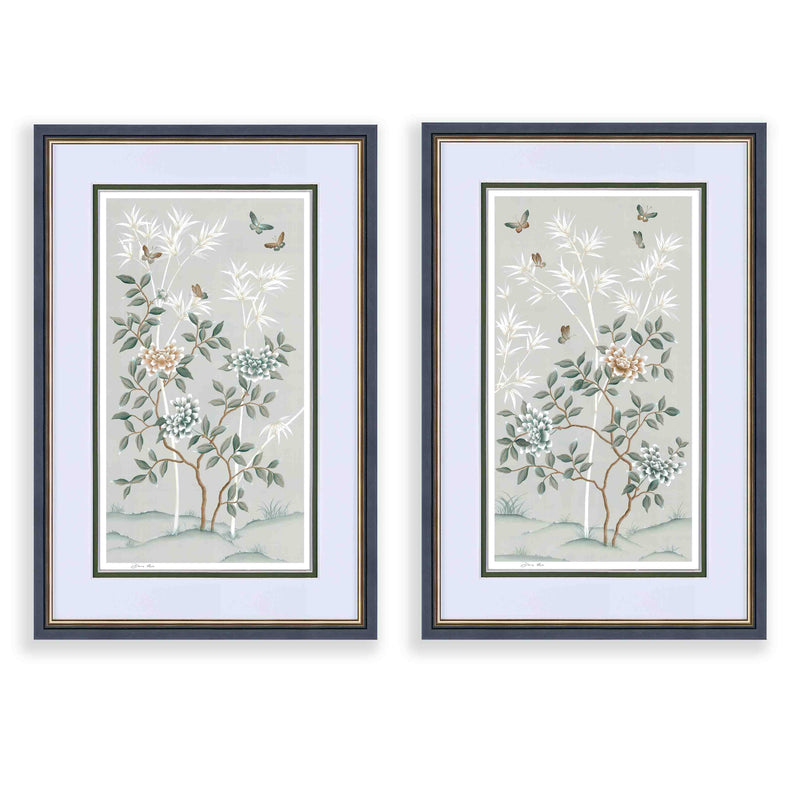 pair of two pebble blue framed chinoiserie wall art prints featuring butterflies, flower branches, and bamboo