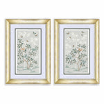 pair of two pebble blue framed chinoiserie wall art prints featuring butterflies, flower branches, and bamboo