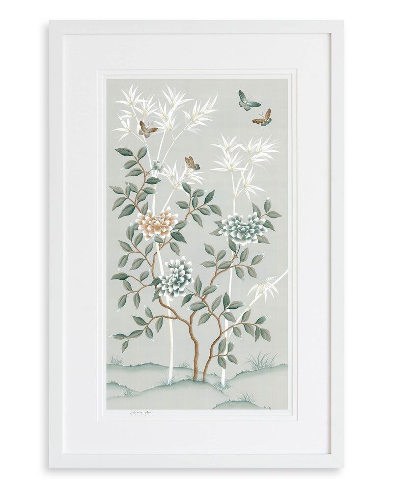 pebble blue framed chinoiserie wall art print featuring butterflies, flower branches, and bamboo