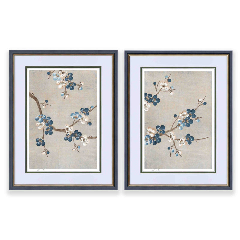 pair of framed chinoiserie wall art prints featuring Japanese-style cherry blossom branches on silver background