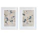 pair of framed chinoiserie wall art prints featuring Japanese-style cherry blossom branches on silver background