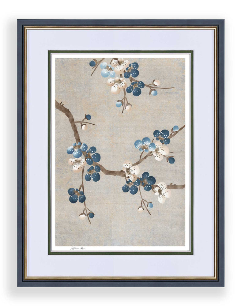 framed chinoiserie wall art print featuring Japanese-style cherry blossom branches on silver background