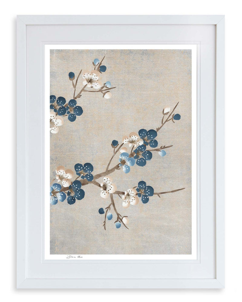 framed chinoiserie wall art print featuring Japanese-style cherry blossom branches on silver background
