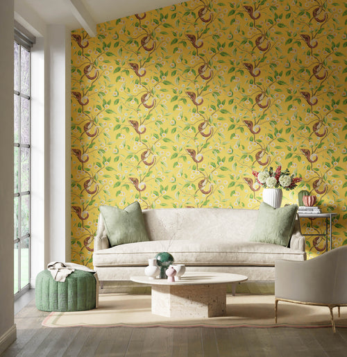 Nellie vintage yellow botanical chinoiserie wallpaper - Honey/Meadow