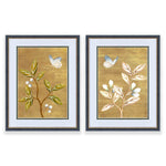 pair of framed chinoiserie wall art print featuring vintage Chinese-style butterfly and flower branch on gold background 