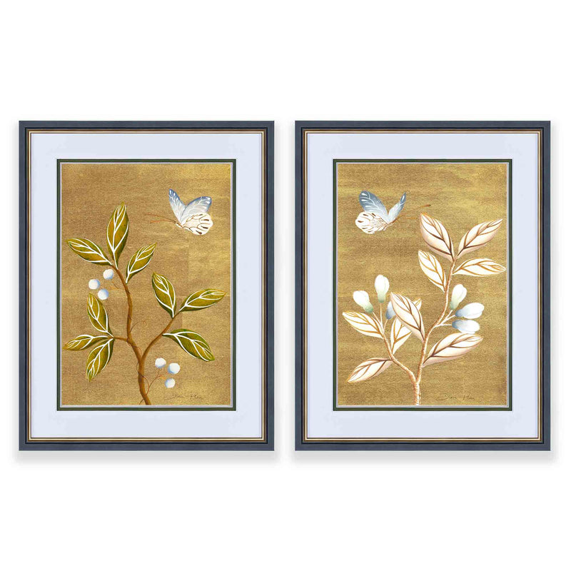 pair of framed chinoiserie wall art print featuring vintage Chinese-style butterfly and flower branch on gold background 