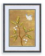 framed chinoiserie wall art print featuring vintage Chinese-style butterfly and flower branch on gold background