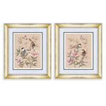 pair of blush pink framed chinoiserie wall art prints featuring vintage style birds, butterfly and flower branches with a bamboo background