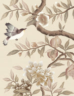 close up of neutral cream modern chinoiserie wall art print featuring two birds, flowers, branches, and fruit 
