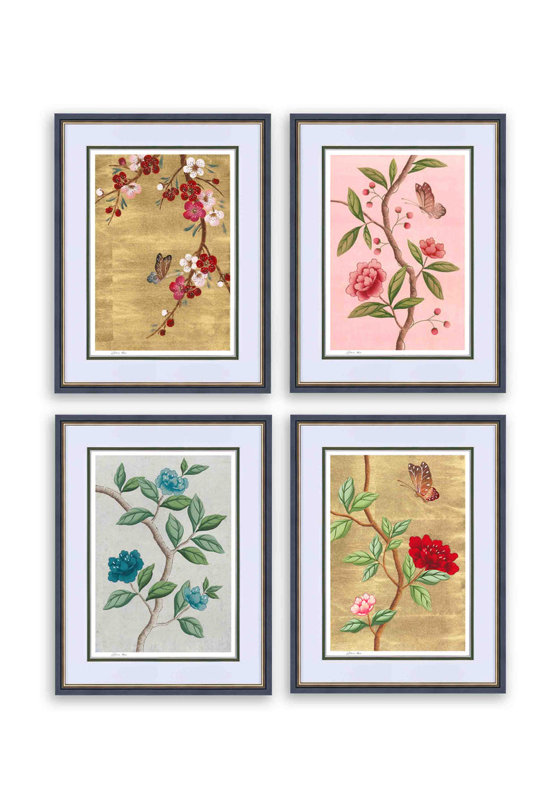 set of 4 colourful framed chinoiserie wall art prints featuring vintage-style butterflies, blossoms, and flower branches