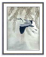 framed Japanese-style chinoiserie painting featuring heron and wisteria on silver leaf background