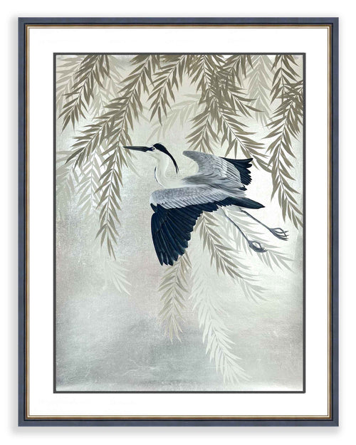 framed Japanese-style chinoiserie painting featuring heron and wisteria on silver leaf background