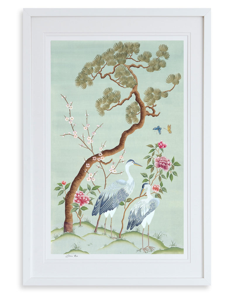 blue framed chinoiserie wall art print featuring antique inspired herons, flowers, and blossoms beneath a pine tree with butterflies