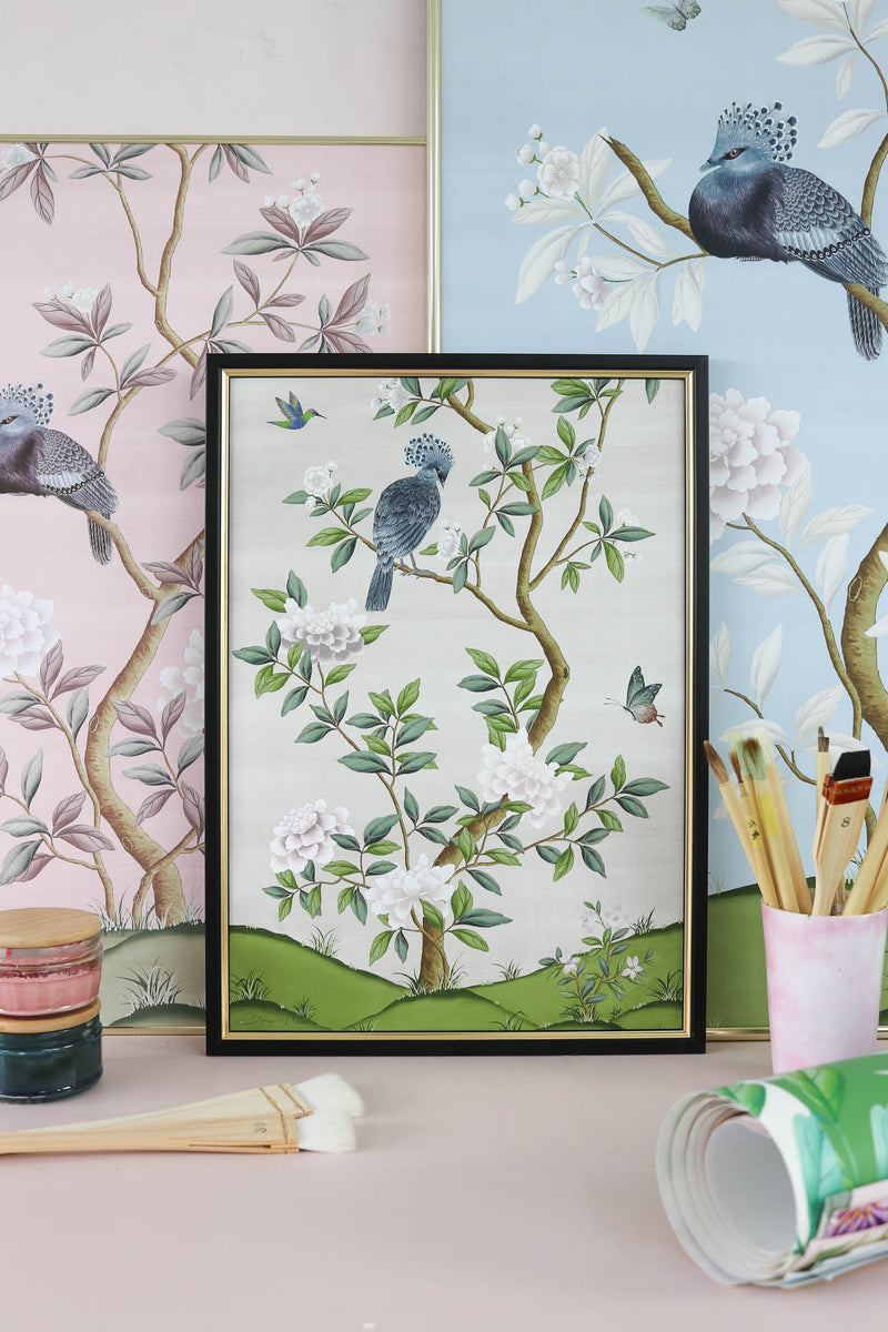 3 framed colourful vintage style chinoiserie art prints in various sizes