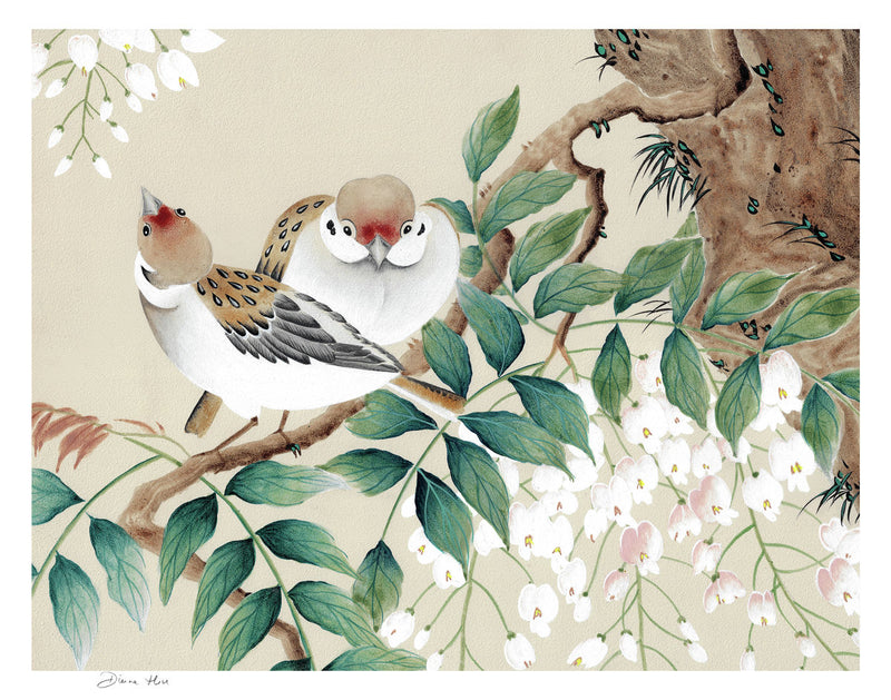 A close up of chinoiserie art print featuring two birds and then green leaves of a wisteria tree