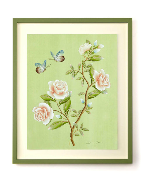 framed green botanical chinoiserie wall art print featuring vintage style flowers and butterflies 
