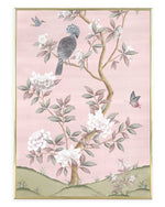 framed pink chinoiserie art print featuring birds, butterflies, and flowers