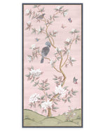framed pink chinoiserie wall art panel print featuring birds, butterflies, and flowers