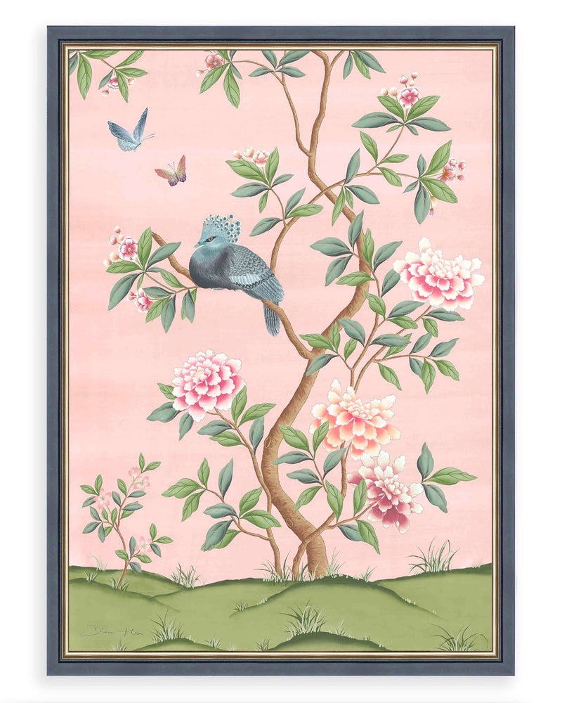 framed pink and green botanical chinoiserie wall art print with flowers and birds in Chinese painting style