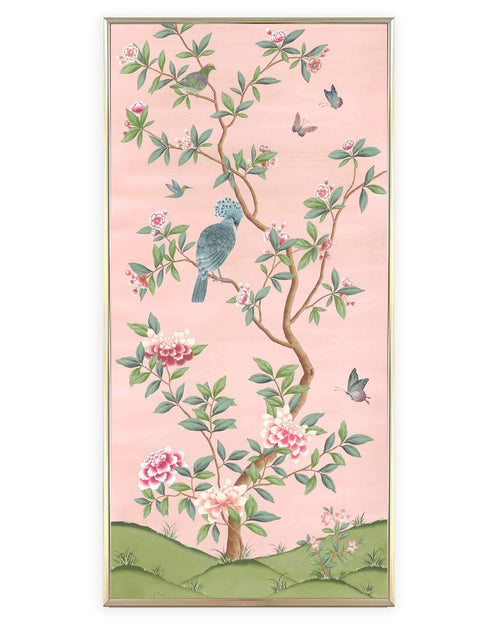 framed pink and green botanical chinoiserie wall panel print with flowers and birds in Chinese painting style